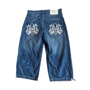 Vtg Miskeen Embroidered Jean Shorts Y2K Hip Hop Jorts Men's Size 34 Baggy Fade